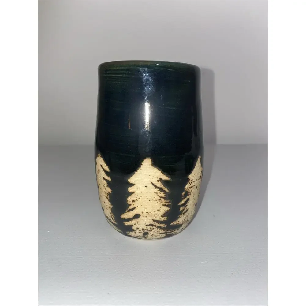 Studio Art Pottery Hand Thrown Glazed Vase/ Pen Holder Black With Trees